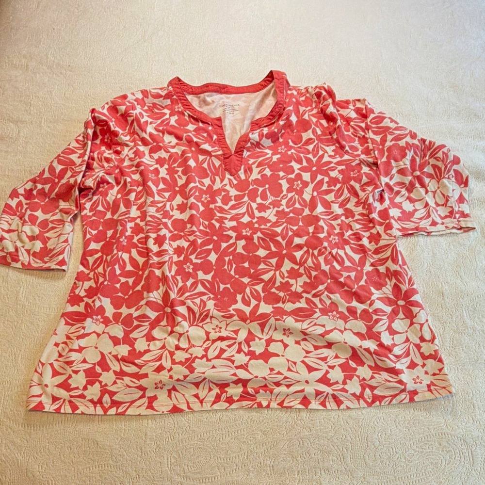 Charter Club Women’s Plus 3X Pink White Floral Knit V-Neck 3/4 Sleeve Top